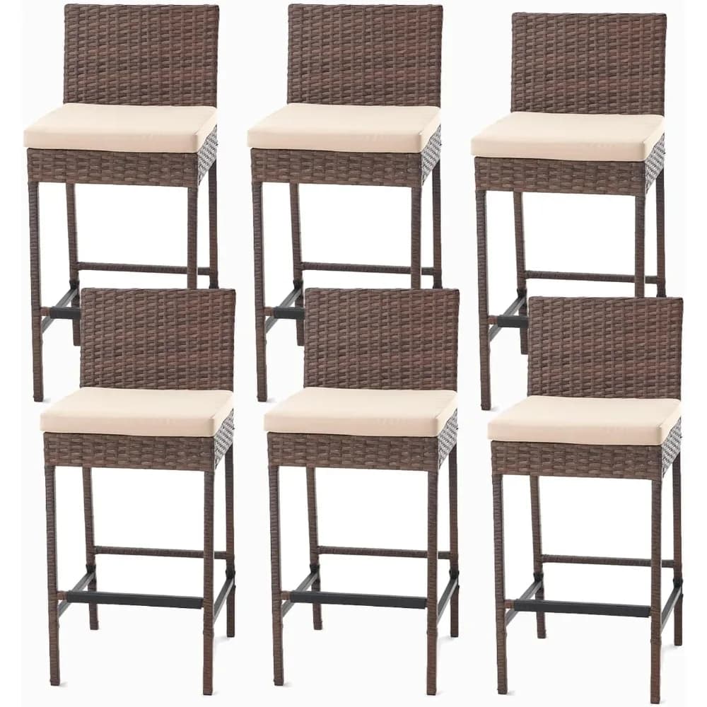 Outdoor bar stools, braided wicker garden stools and patio bar chairs with seat cushion and cozy footrest, rattan furniture without armrests