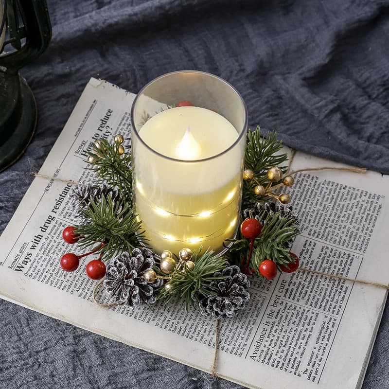 Christmas Candle Ring Artificial Pine Needle Pinecone Berries Garland Rustic Festive Candle Wreath For Home Table Decor