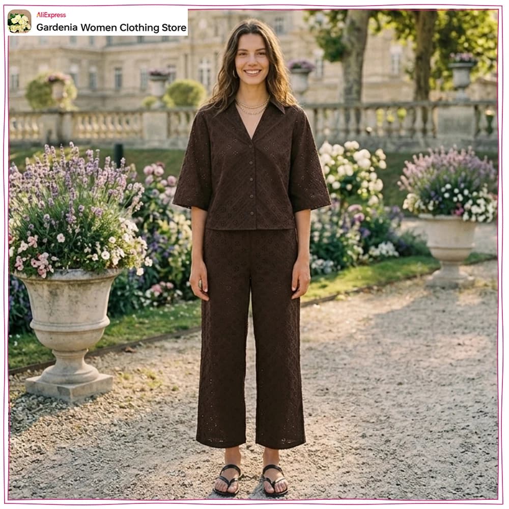 Relaxtion Eyelet Embroidered Pant Sets for Women Summer Brown V-Neck & Short Sleeves Shirt and Culottes with Openwork Embroidery