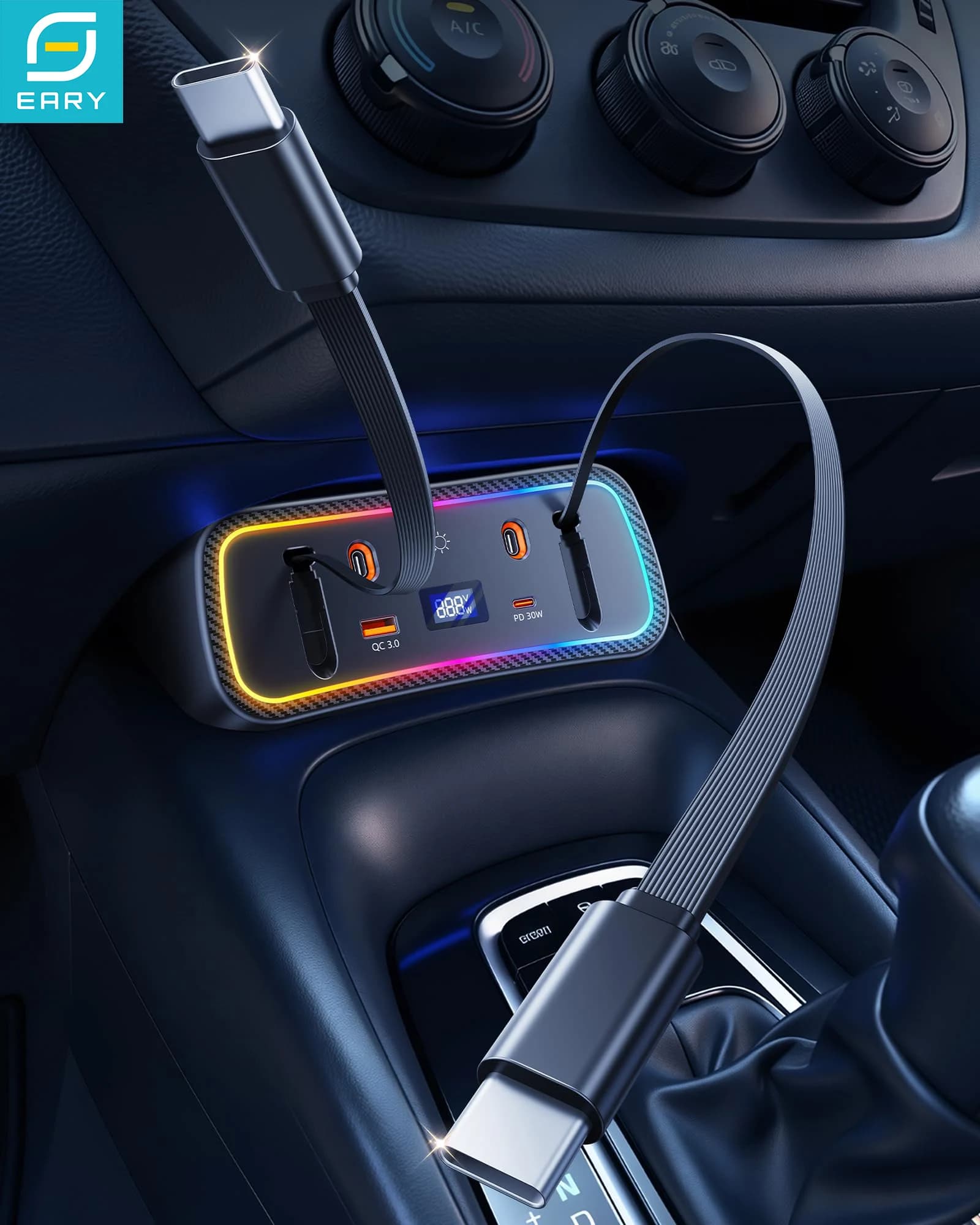 Eary Car Fast Charger Usb Hub with RGB Light for Toyota Corolla 2026-2020 Accessories 4-Port Docking Station & Retractable Cable