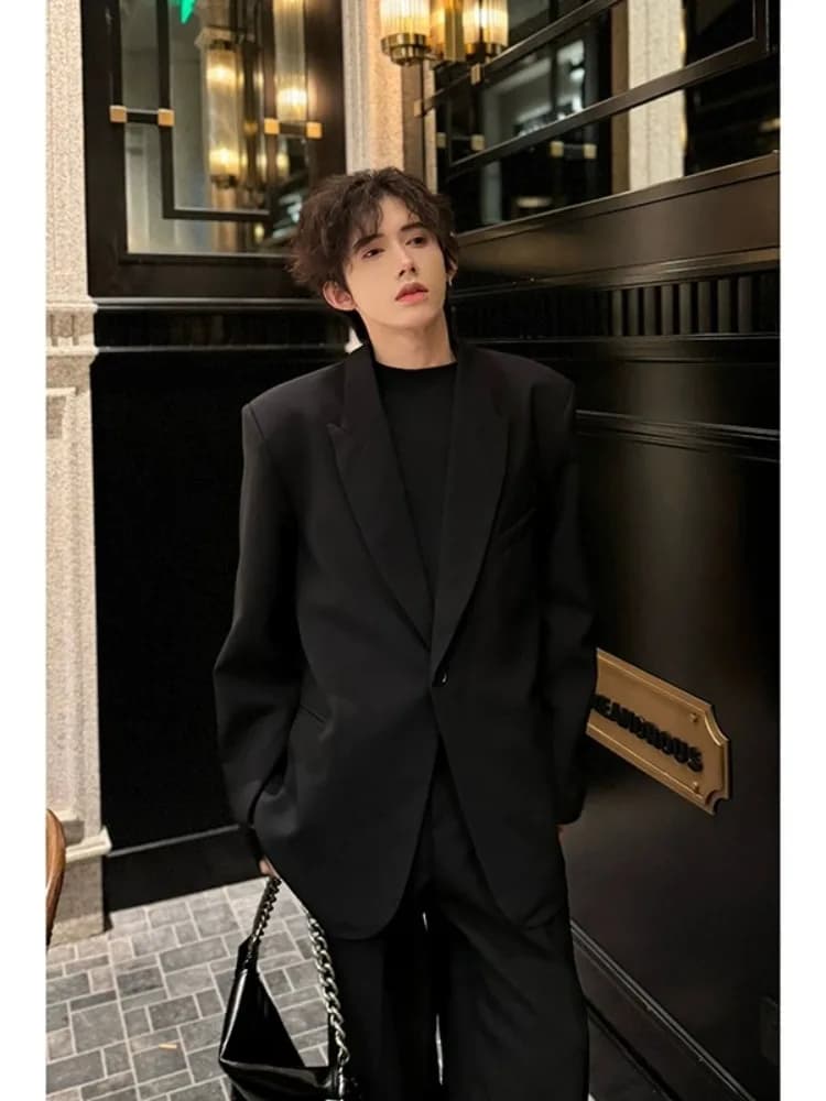 Black Shoulder Pad Suit Jacket Casual Style Korean Trend Autumn Winter Men's Fashion Thickened Long Sleeve Loose Fit Polyester