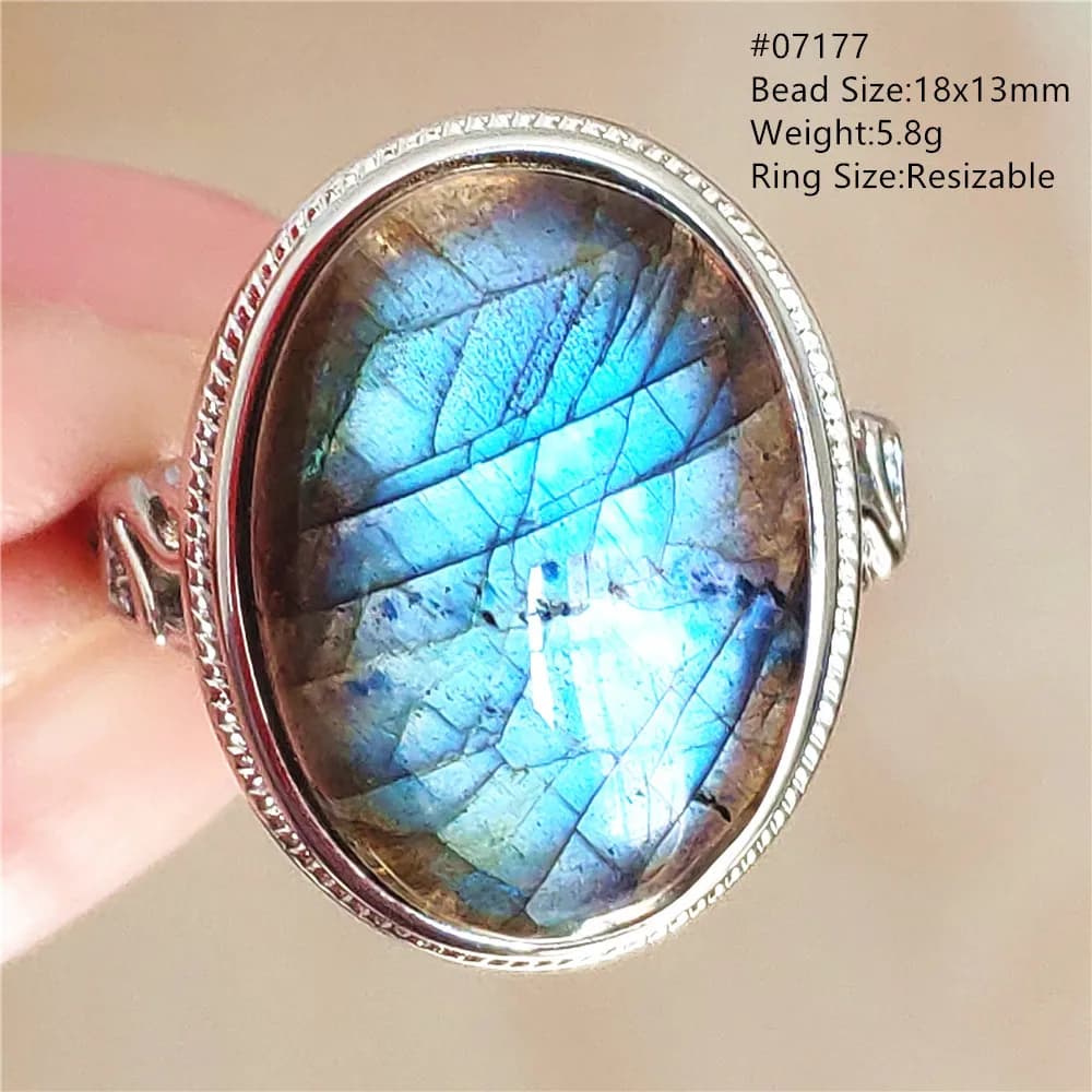 Anello Regolabile in Labradorite Blu Naturale, Grande, Colorato, con Perle Scintillanti, Gioiello AAAAAA
