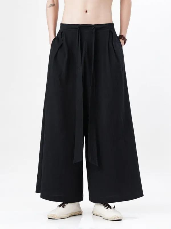 Loose Cotton Linen Wide Leg Men's Summer Casual Pants Ice Silk Hanfu Trousers Comfortable Loose Fit Straight Leg Jeans