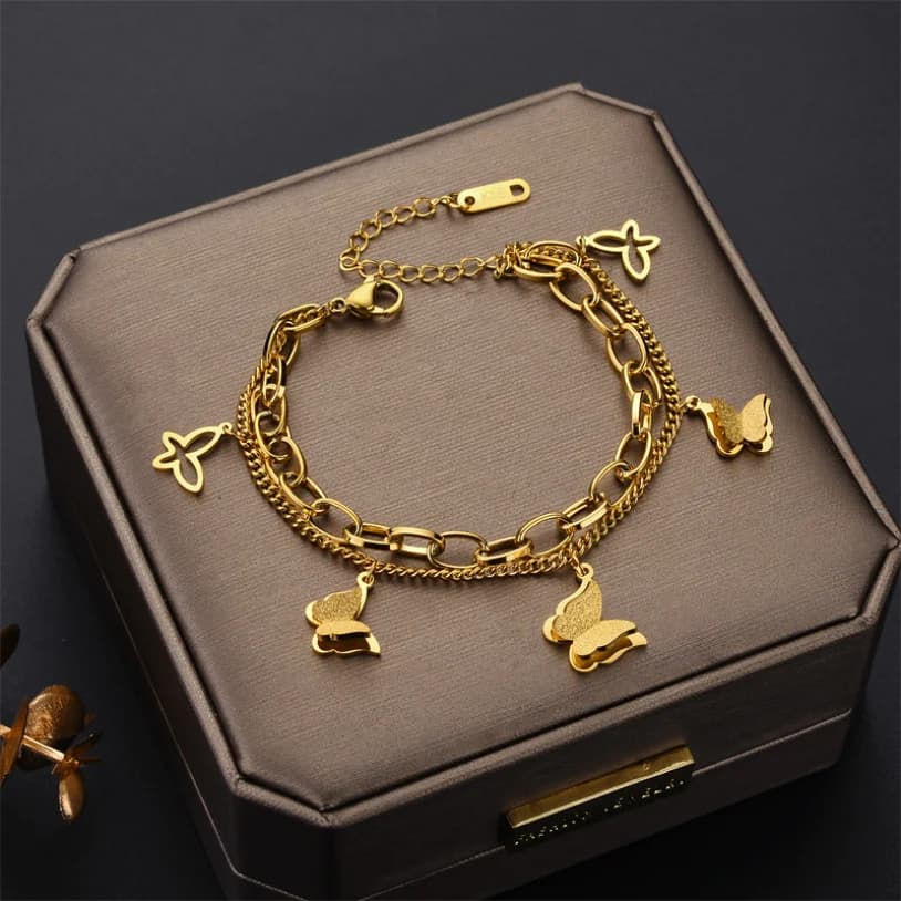 Kuziduocai Dichiarazione Acciaio Inossidabile 316L Nuovi Gioielli di Moda Stile Elegante Molte Farfalle Fascino Bracciale a Catena Spessa per Le Donne