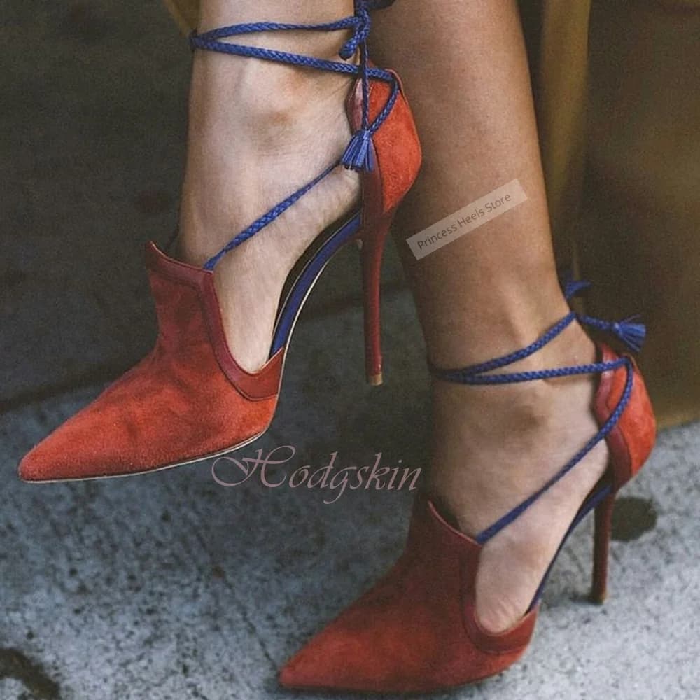 Sandali stringati con cinturini in pelle scamosciata Punta a punta Tacchi alti sottili Sandali cavi Scarpe sexy da donna Scarpe estive firmate casual