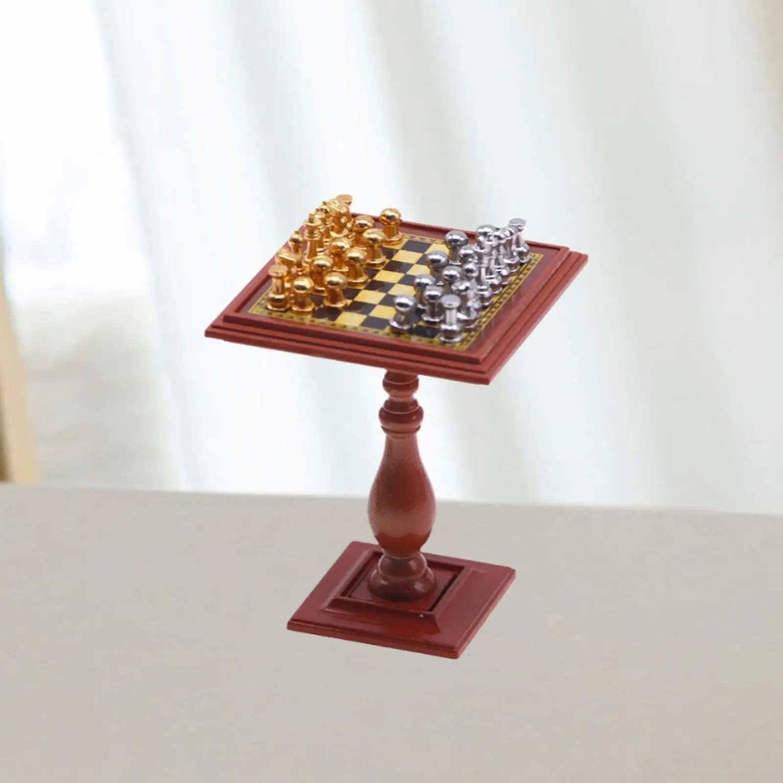 Miniature Chess Table Set Wooden Chess Board Dollhouse Decor Table Ornament Model for Scenic Display and Collection