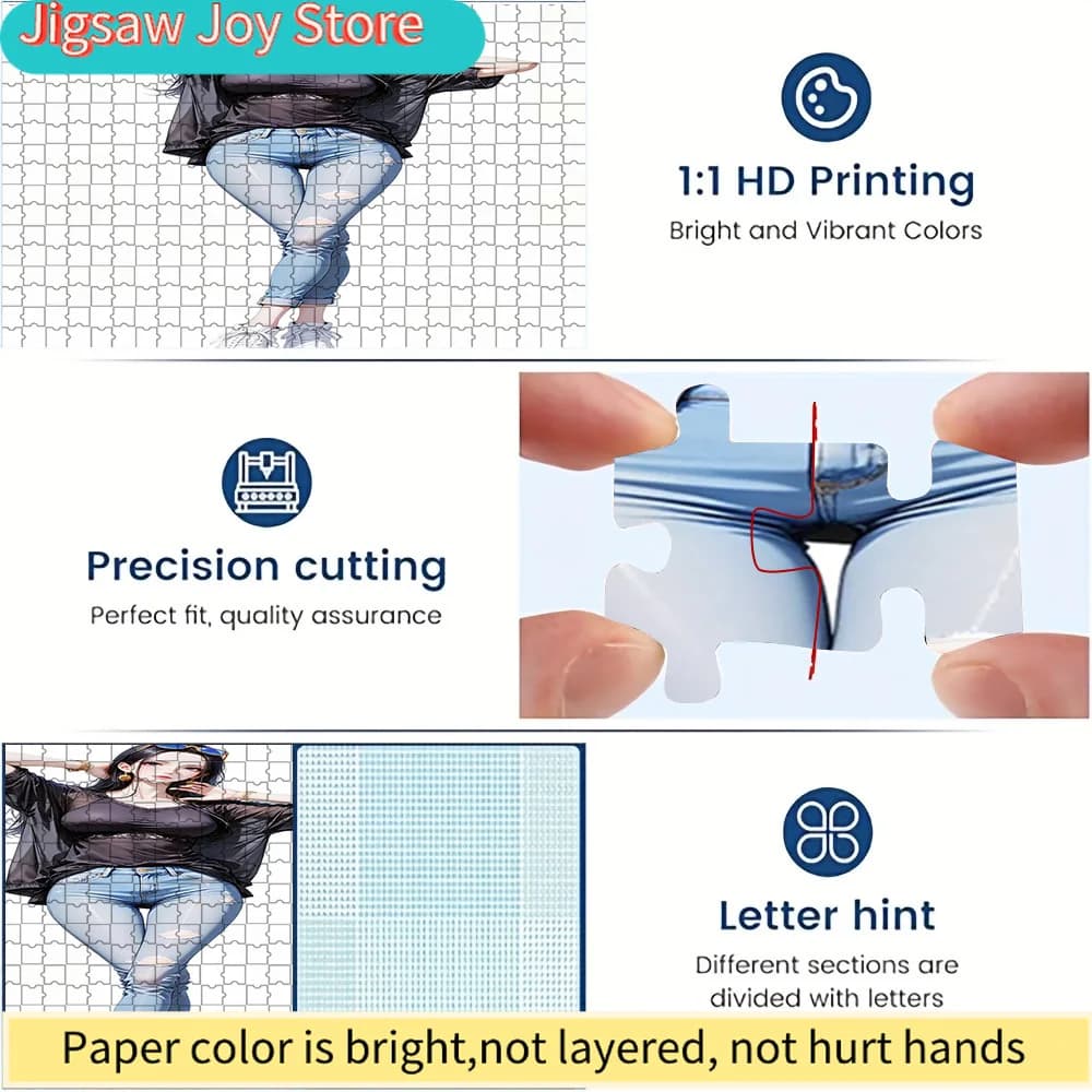 Artistic paper puzzle with girl anime in transparent top and torn jeans, HD print, precision cut, with clues to letters, from collection