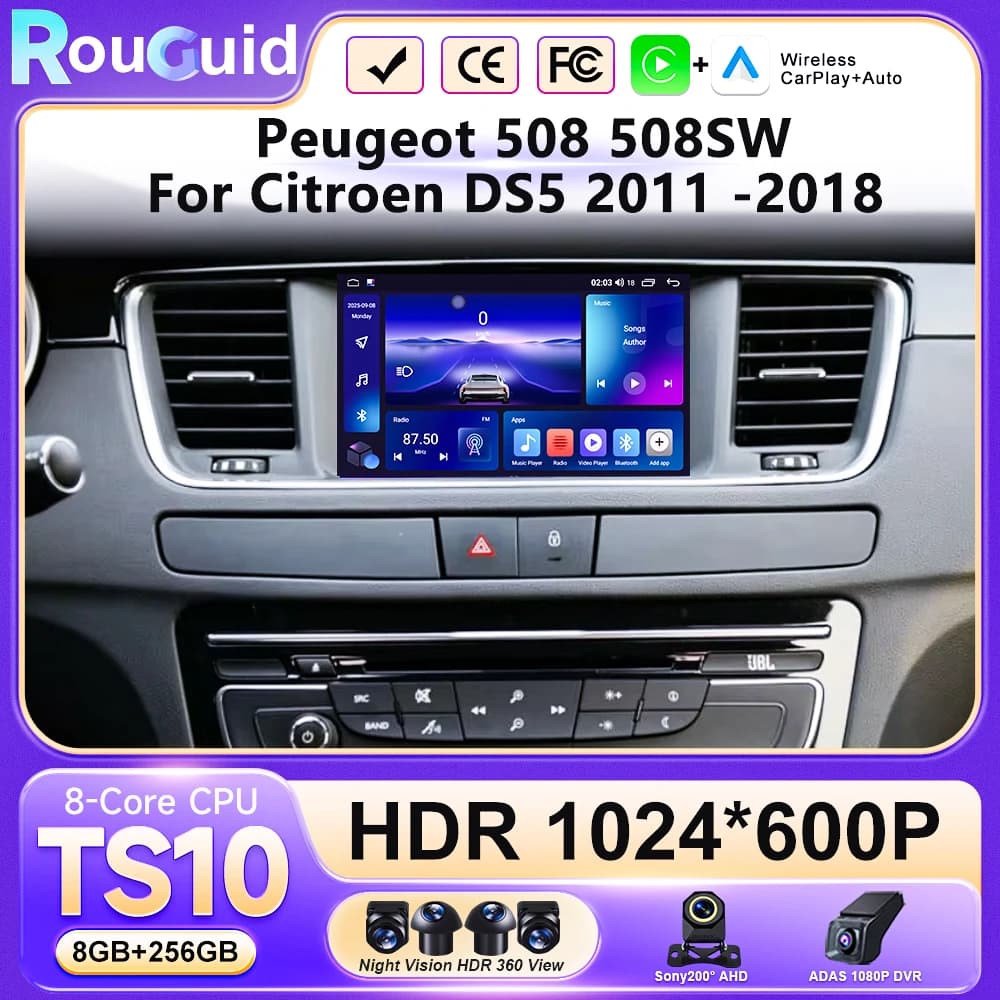 Autoradio Android 16 con Video per Peugeot 508 508SW e Citroen DS 5 DS5 508 (2011-2018) - CarPlay, Android Auto, GPS, DSP, Schermo 4G Wifi