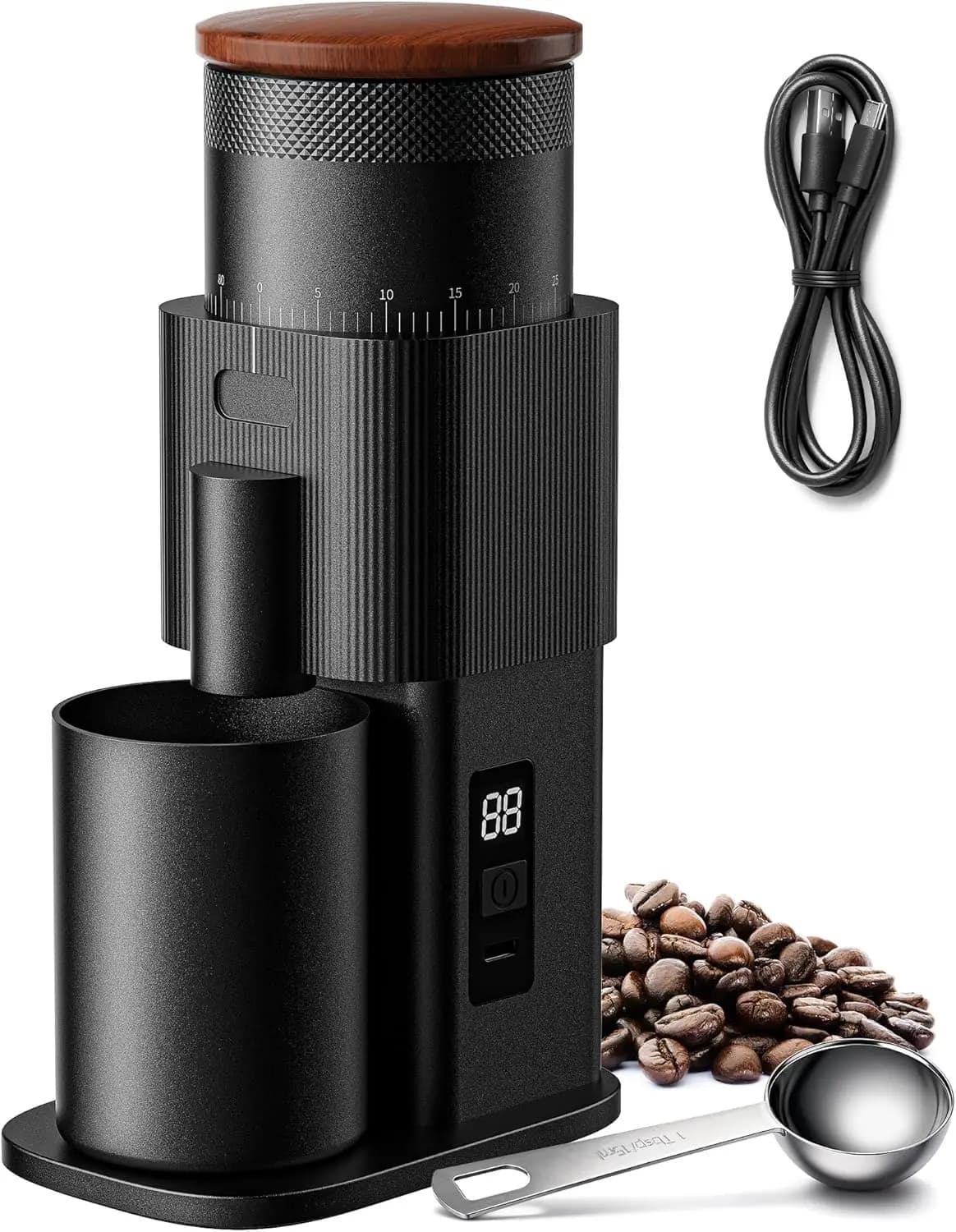 Metal coffee grinder with 80 settings, silent DC motor, LED display, black