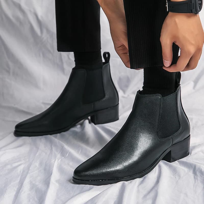 Genuine Leather Chelsea Boots Men's Trendy High Top Shoes Pointed Toe Short Boots High Heel Mid-Calf Heightened British Sprin...