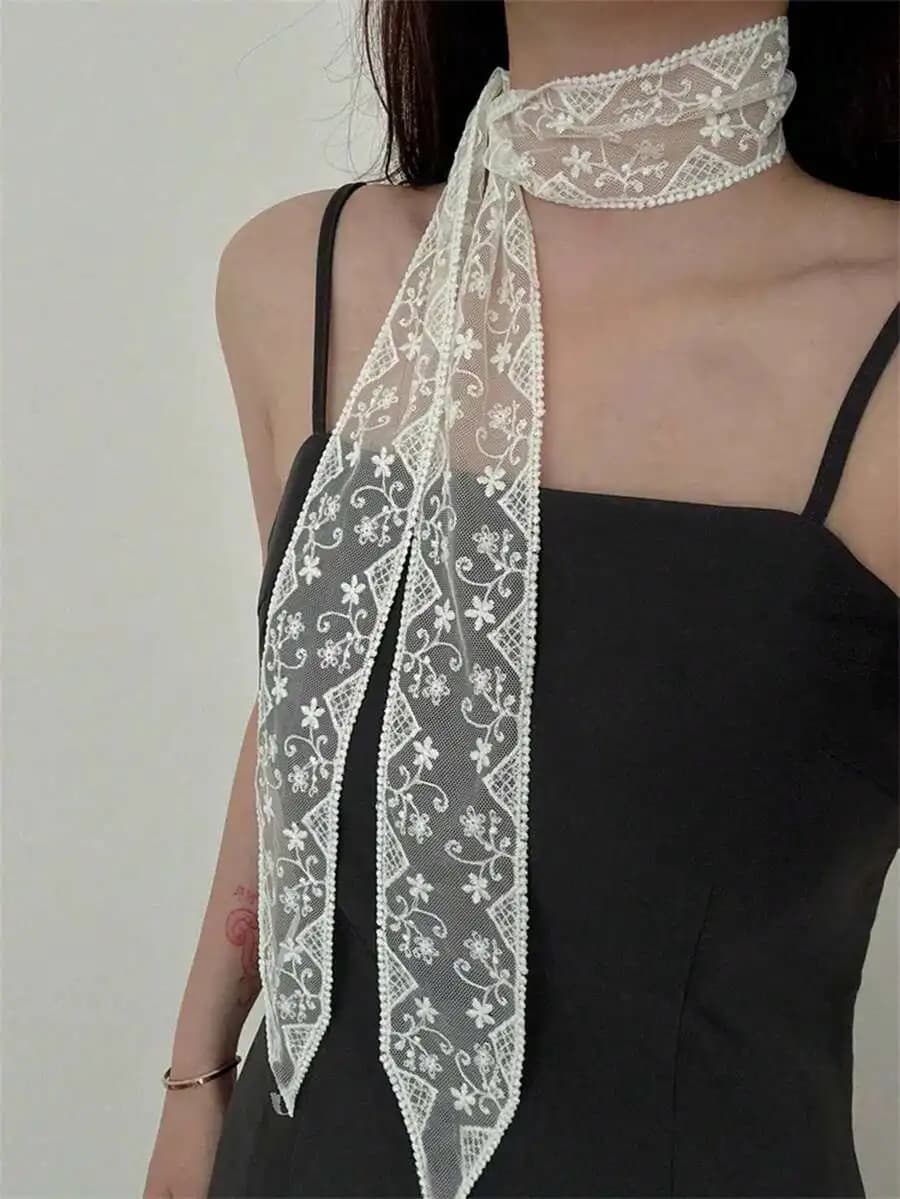 1pc Soft Elegant Lace Scarf, Fashionable Floral Embroidered Scarf, Versatile For Office Ladies As Wristband, Headband, Neck
