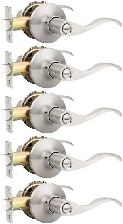 Set di 5 Maniglie per Porte con Funzione Privacy in Nichel Satinato, Pomelli Moderni per Camera da Letto e Bagno, Maniglia a Onda Reversibile Resistente