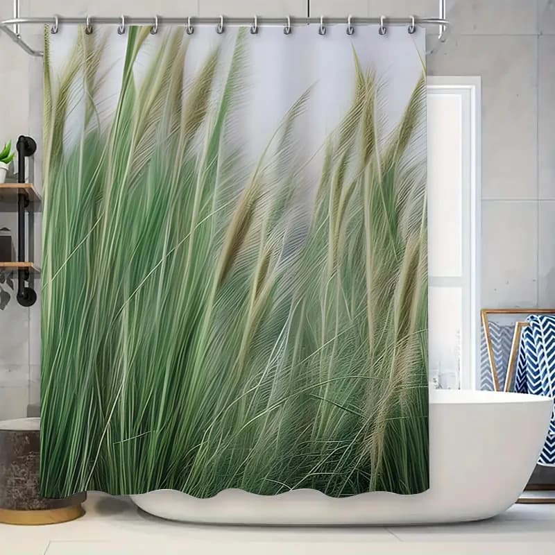 Tenda da bagno verde Tenda da doccia con stampa erba selvatica per arredamento bagno Vasca da bagno bianca adatta 72 x 84 pollici Tessuto impermeabile per la casa
