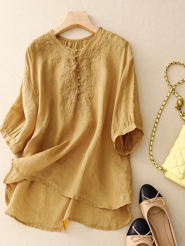 Summer Cotton Linen round Neck Embroidered Loose Slimming mid Sleeve T Shirt Women's Linen Five Part Upper Body Women
