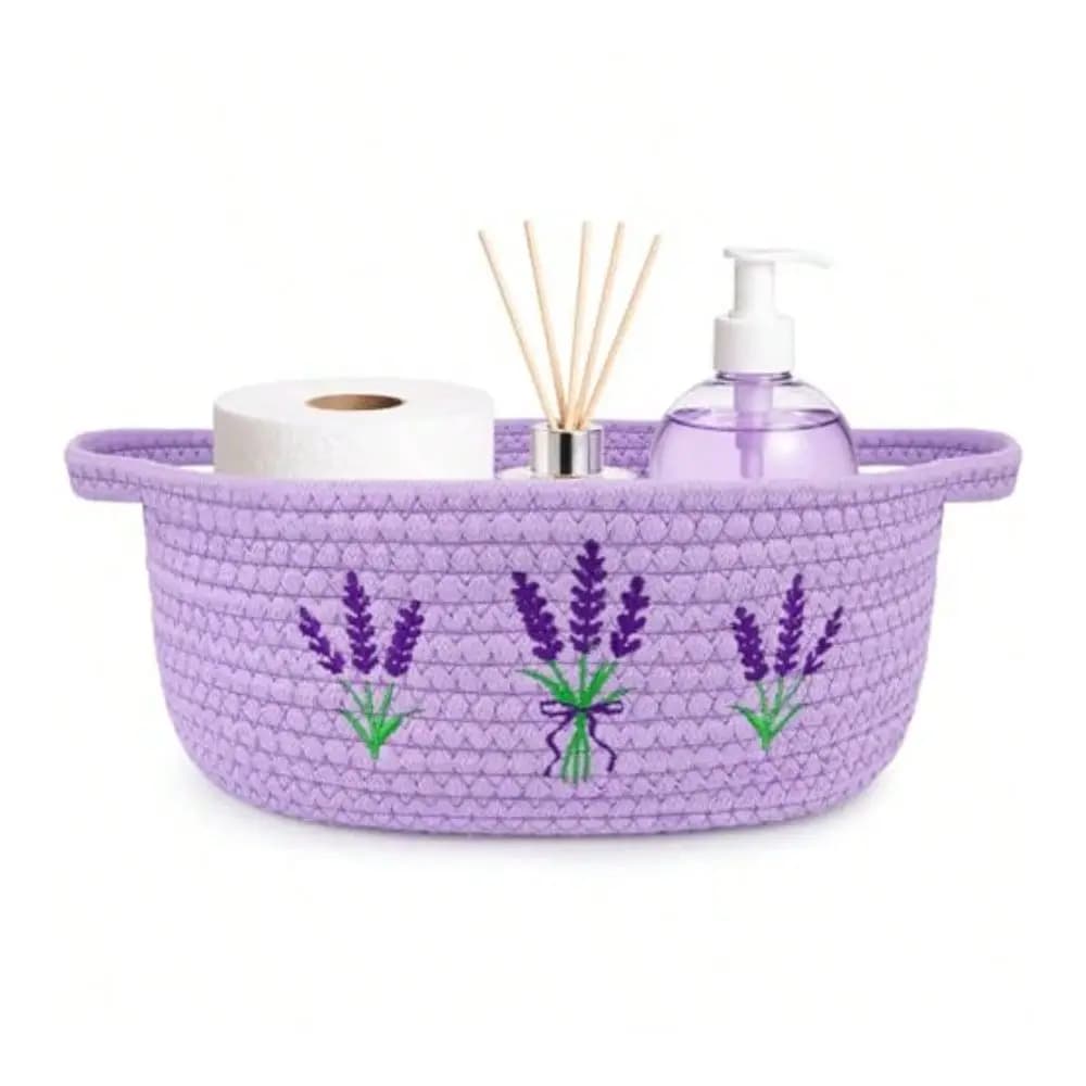 Lavender Toilet Paper Basket Woven Rope Beautiful Lavender Bathroom Decor Organizer Toilet Tank Decorative Storage Basket, Oval Shelf Bin With Handle, Flower Wedding Paper Holder, 12"D X 5"H