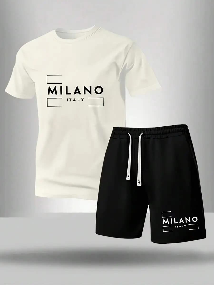 Set di t-shirt a maniche corte in cotone e poliestere da uomo e pantaloncini con coulisse, completo estivo casual con stampa geometrica