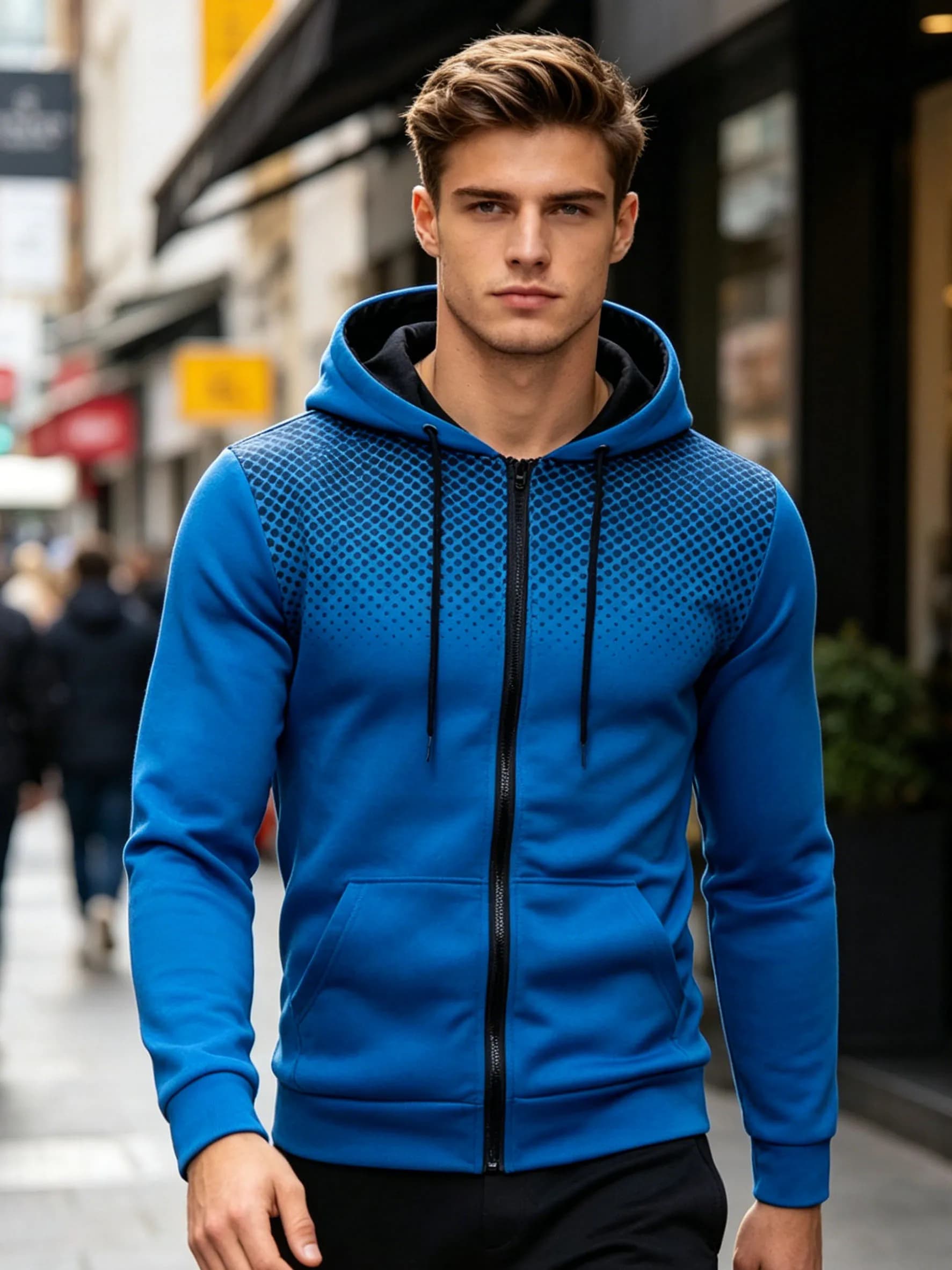Men Gradient Dot Print Full Zip Hoodie Long Sleeve Hooded Sweatshirt Casual Streetwear Pocket Sports Jacket Male Daily Outerwear