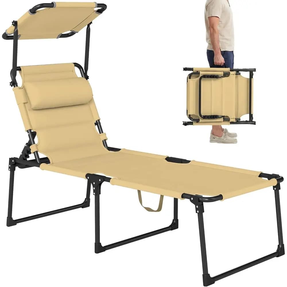Outdoor Lounge Chair, Adjustable Backrest, Cushioned Tanning Chair with Sunshade Roof & Pillow Rest for Beach, Camping, Hiking,