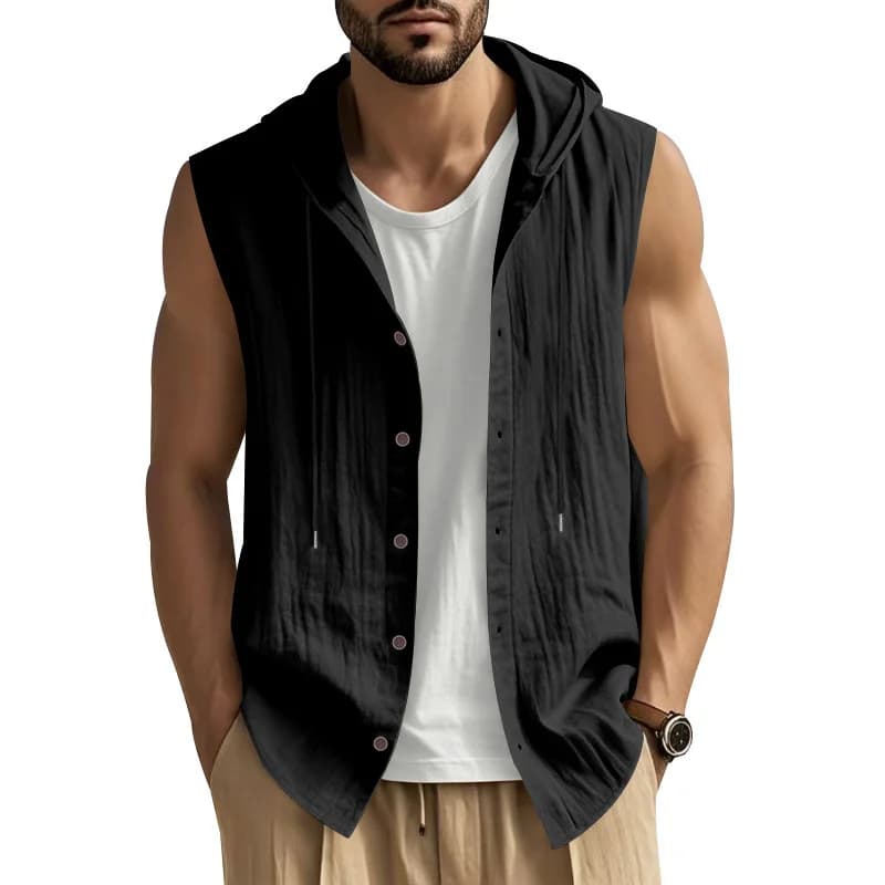 2025 Camicia senza maniche da uomo nuova estate Camicia in lino allentato con cappuccio in puro colore Camicia da uomo Gilet sottile Canottiera casual alla moda