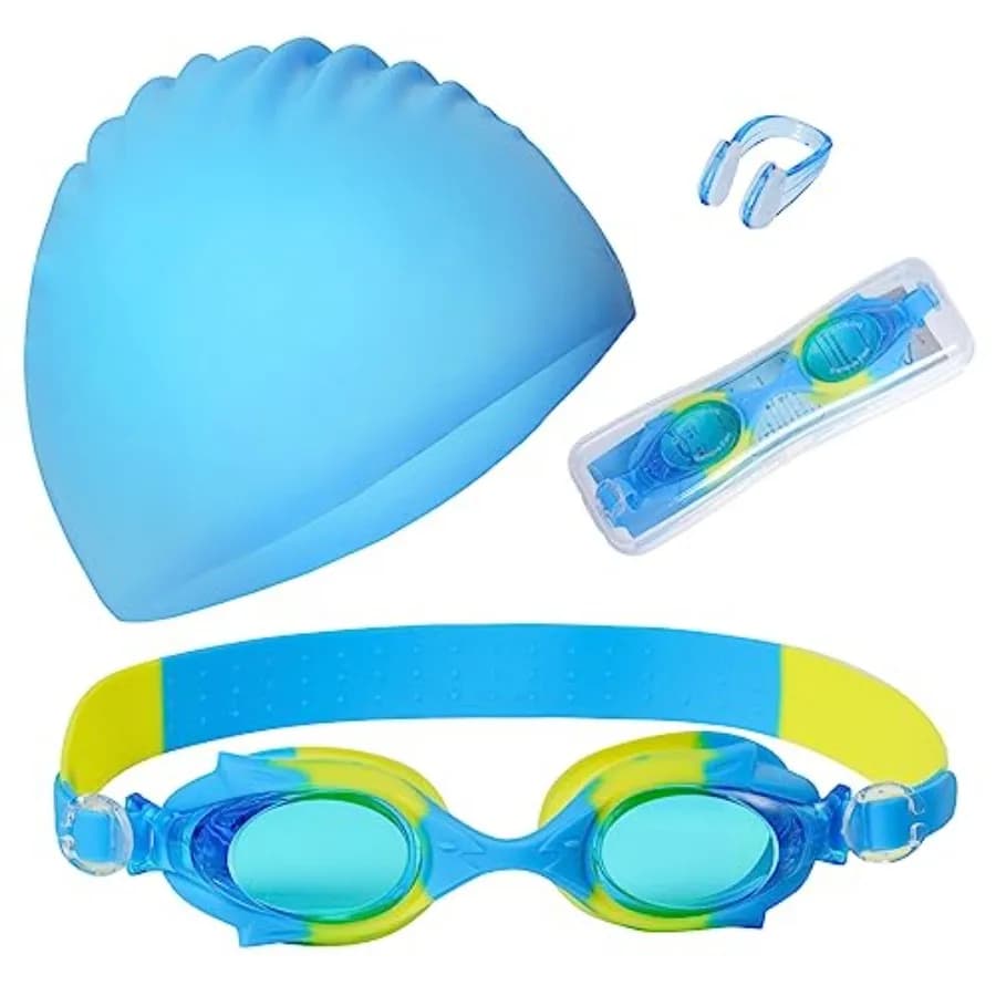 3 Pieces Swim Cap for Boys Girls Silicone Swimming Cap for Short Hair with Swimming Goggles and Nose Clip Unisex Waterproof Bat