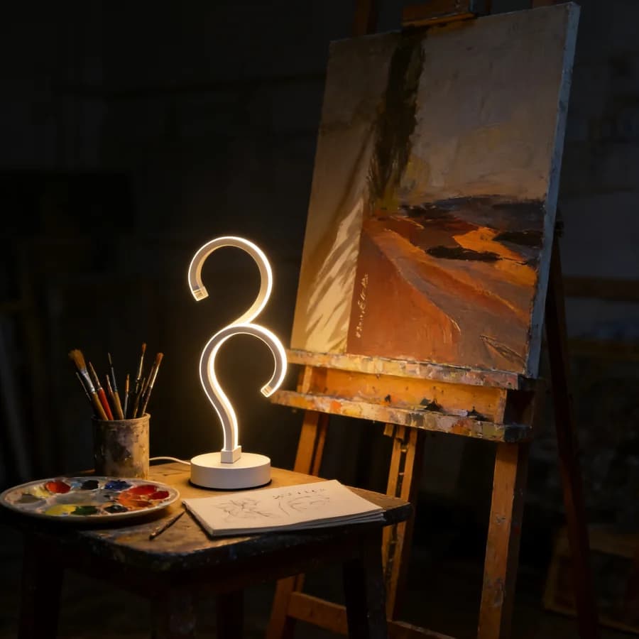 Lampada da tavolo bianca elegante con doppio punto interrogativo creativo da 1 pezzo, alimentatore USB - Illuminazione a tre colori, adatta per la camera da letto e