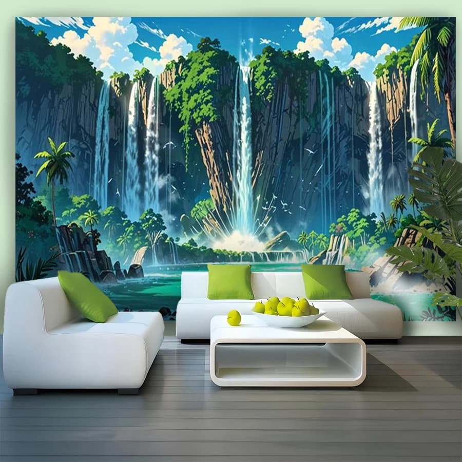 1PC Digital Printed Tapestry Wall Hanging, Anime Tropical Waterfall Jungle Lush Exotic Landscape, for Living Room Bedroom Decor