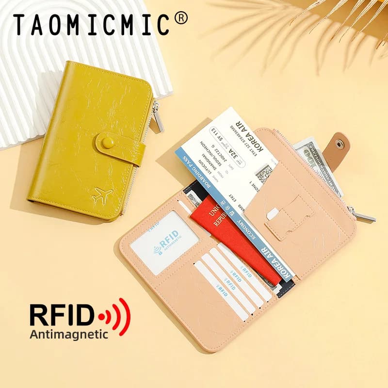 Custodia per passaporto in pelle con blocco RFID Porta biglietti da viaggio portatile Porta carte multi-slot Protezione ID per uomini e donne