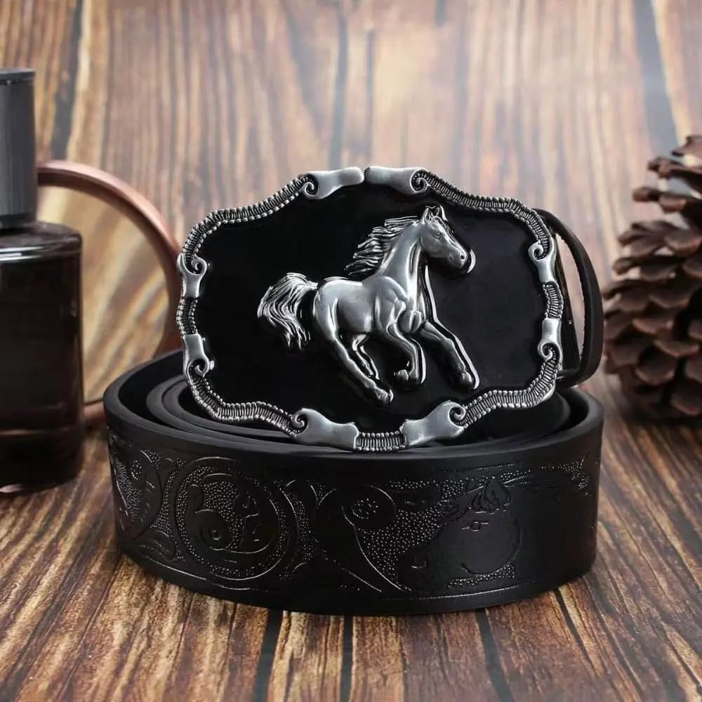 Running Horse Buckle Western Cowboy Belt Luxury Design Trendy Brand Floral Embossed Belt Rodeo Outfit Waist Strap For Men Woman