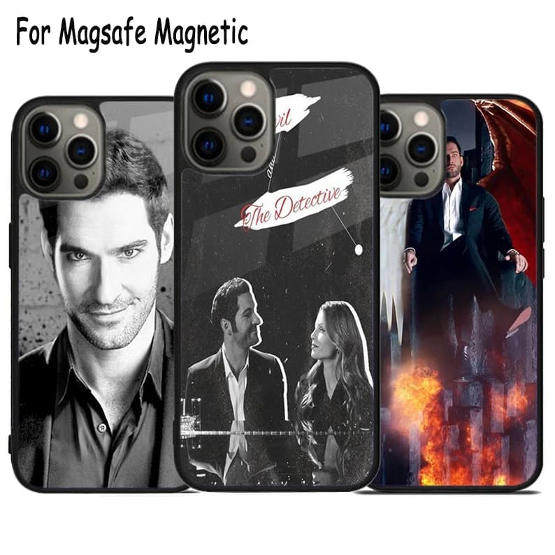Custodia per telefono con ricarica wireless a tema Lucifer (serie TV) per iPhone 17 Air 15 16 16e 14 13 11 12 Pro Max Plus, cover magnetica Magsafe con paraurti