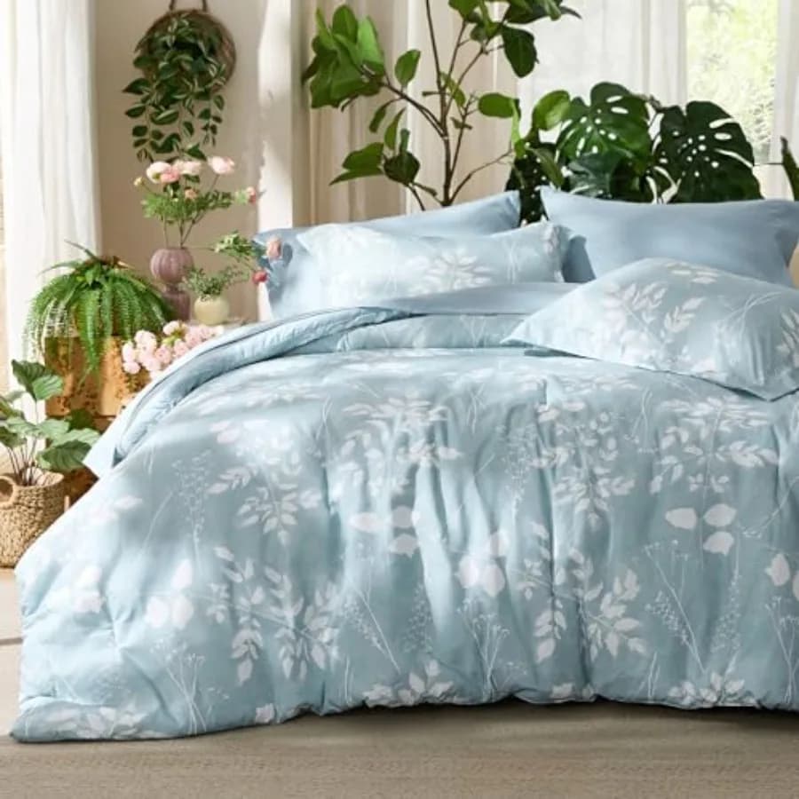 Set Copripiumino Blu Cielo - 7 Pezzi Set Biancheria da Letto Floreale con Copripiumino Reversibile a Fiori Botanici, Lenzuola e Federe