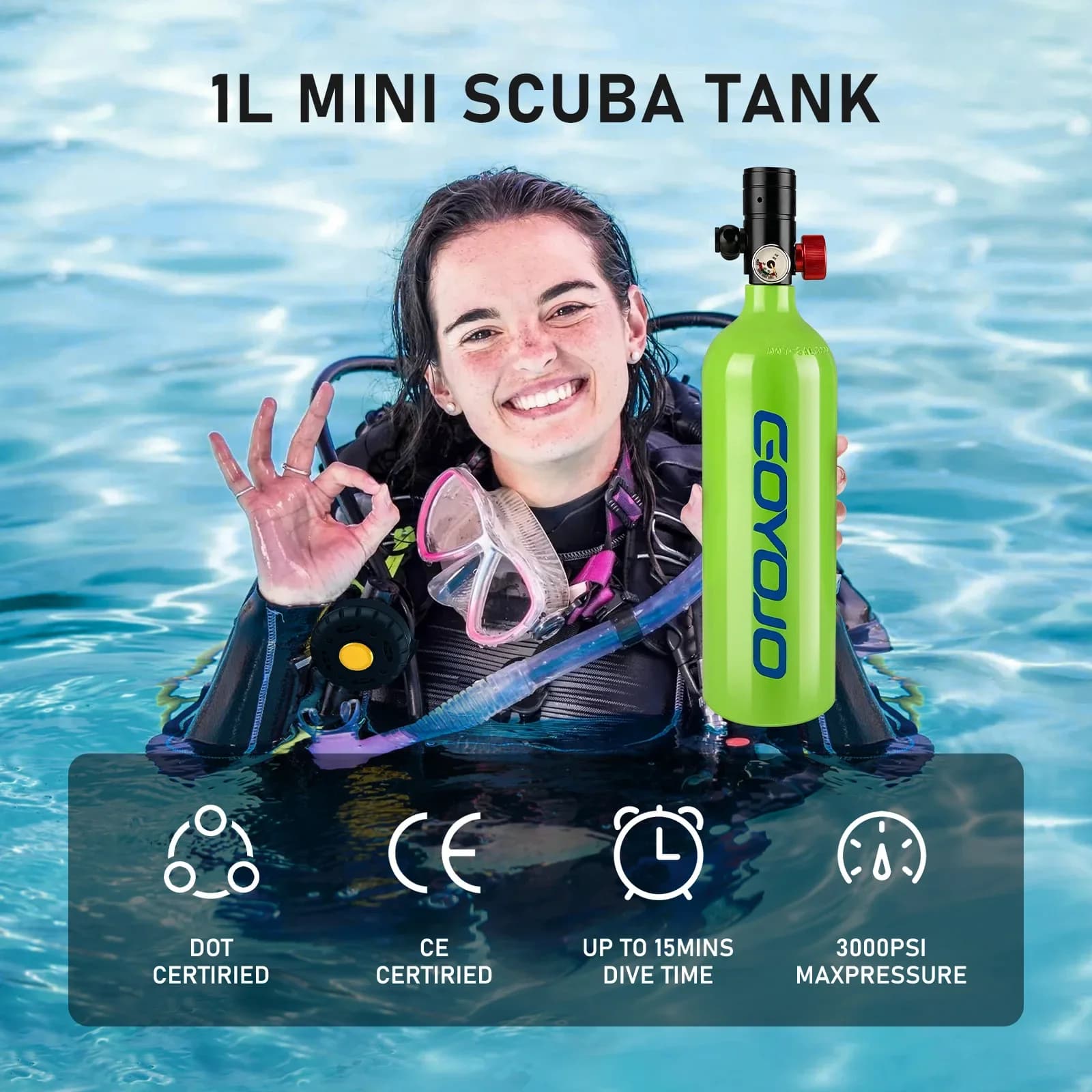 Mini bombola subacquea da 1 litro con maschera Bombola d'aria portatile certificata DOT Respirazione subacquea da 15 minuti per lo snorkeling Immersioni subacquee