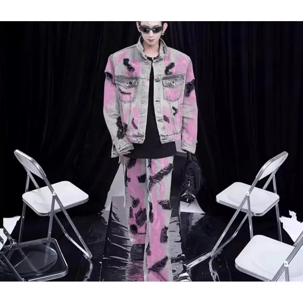 Men's Denim Set: Jacket and Jeans Straped in Cotton Long Sleeves, Style Streetwear Autumn Spring