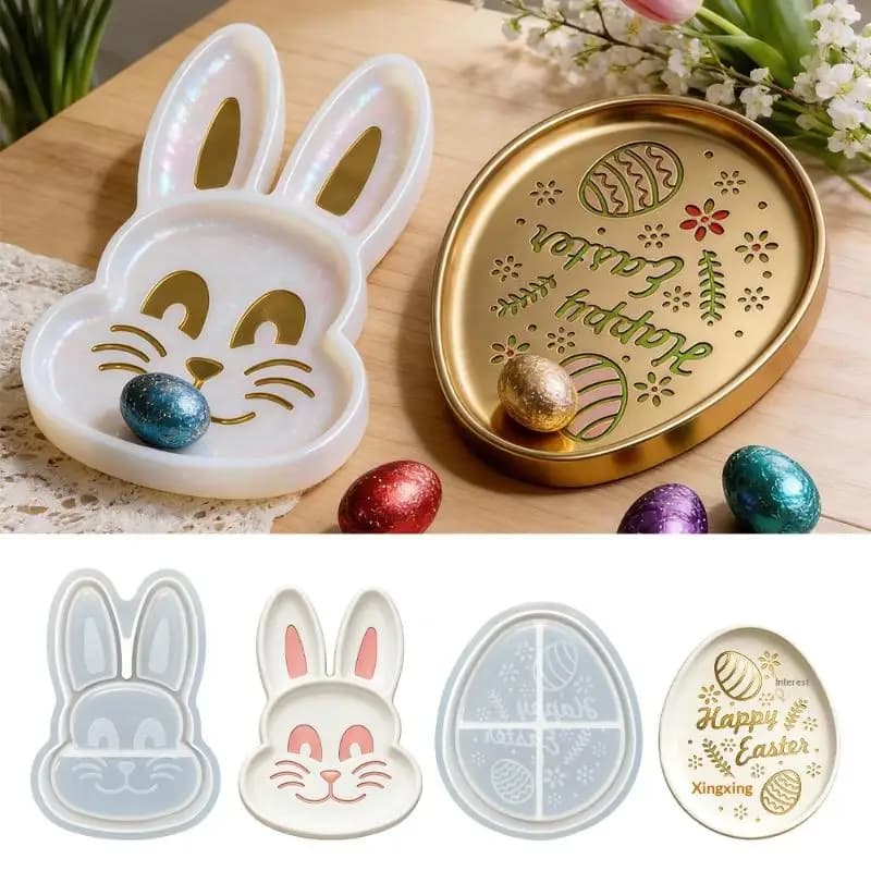 ● Stampo in silicone a forma di uovo per vassoio, sottobicchiere a forma di coniglio, piatto portaoggetti, stampi per gesso, cemento, resina, per artigianato e decorazioni per la casa