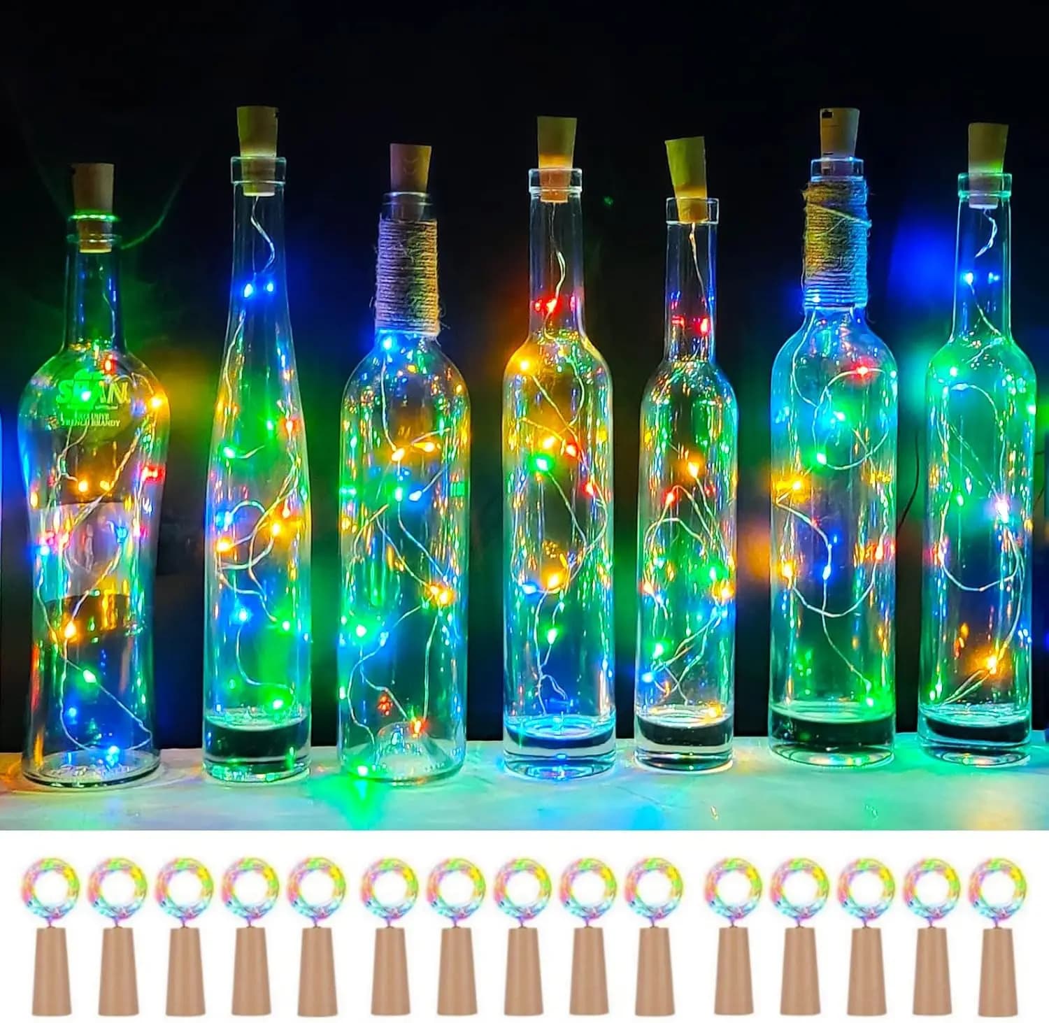 Set di 15 Luci per Bottiglie di Vino con Tappo, 10 LED 40 Pollici a Batteria, Luci Fatate in Filo di Rame per Decorazioni di Feste, Natale e Matrimoni