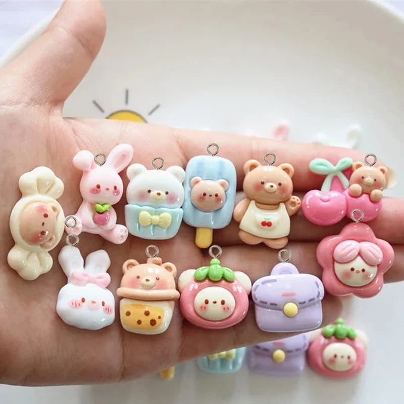 10 pezzi di ciondoli in resina di coniglio orso cartone animato Kawaii con retro piatto animali orecchini portachiavi pendente per creazione di gioielli accessori artigianali fai da te