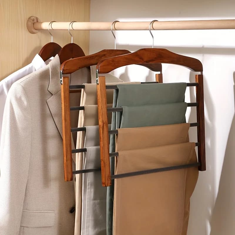 Solid Wood Multi Layer Trouser Coat Rack Flocking Anti Slip Hooks Scarf Towel Tie Closet Storage Organizer Stand