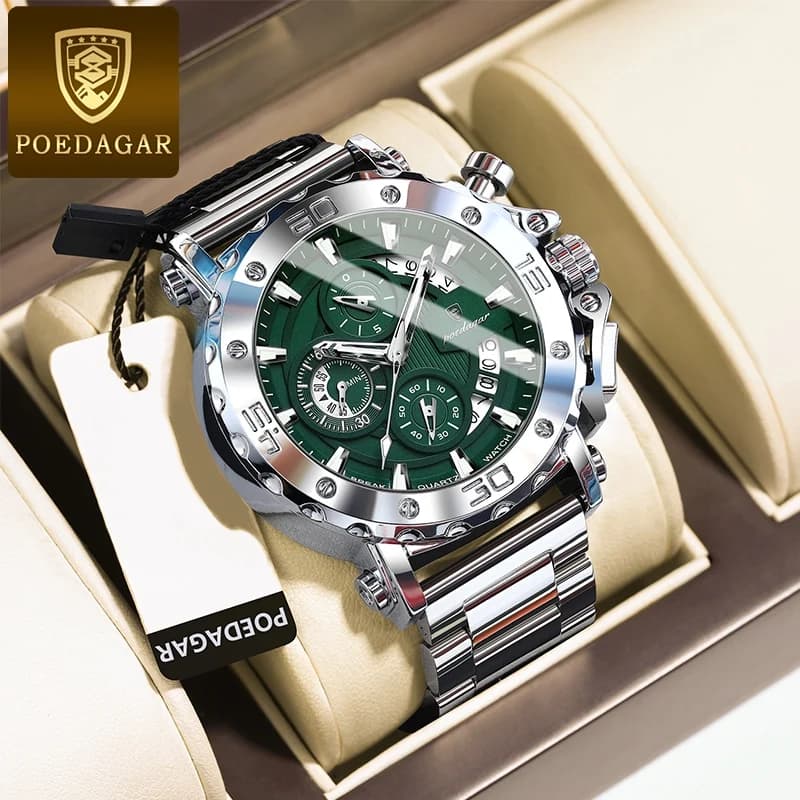 POEDAGAR Orologio da uomo alla moda Calendario Luce notturna Orologio da uomo al quarzo impermeabile Cronografo Orologio da uomo d'affari in acciaio inossidabile