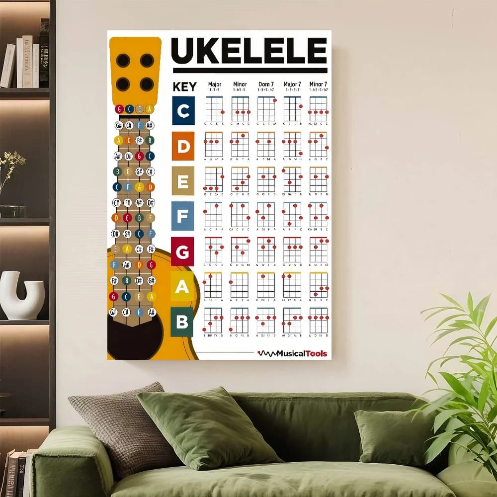 Poster con cornice piatta, 1 pezzo, con diagramma delle corde e della tastiera per ukulele - Etichette educative per l'intonazione simili a quelle per chitarra (G, D, A, E, C) - Stampa su tela