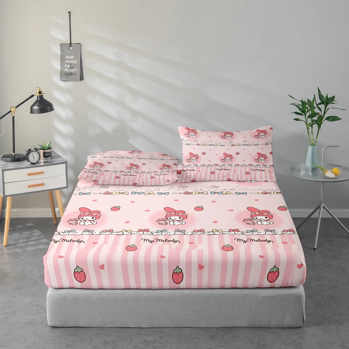 Set di lenzuola stampate digitalmente ad alta definizione in 3 pezzi, set di lenzuola con motivo My Melody, set di lenzuola con stampa floreale grande, include 1 lenzuolo con angoli + 1/2 federa, adatto per camera da letto, camera degli ospiti, decorazione domestica, lenzuolo con angoli in fibra di poliestere + federa, biancheria da letto ultra morbida, tessuto spesso e ultra morbido, confortevole per tutte le stagioni, lavabile in lavatrice