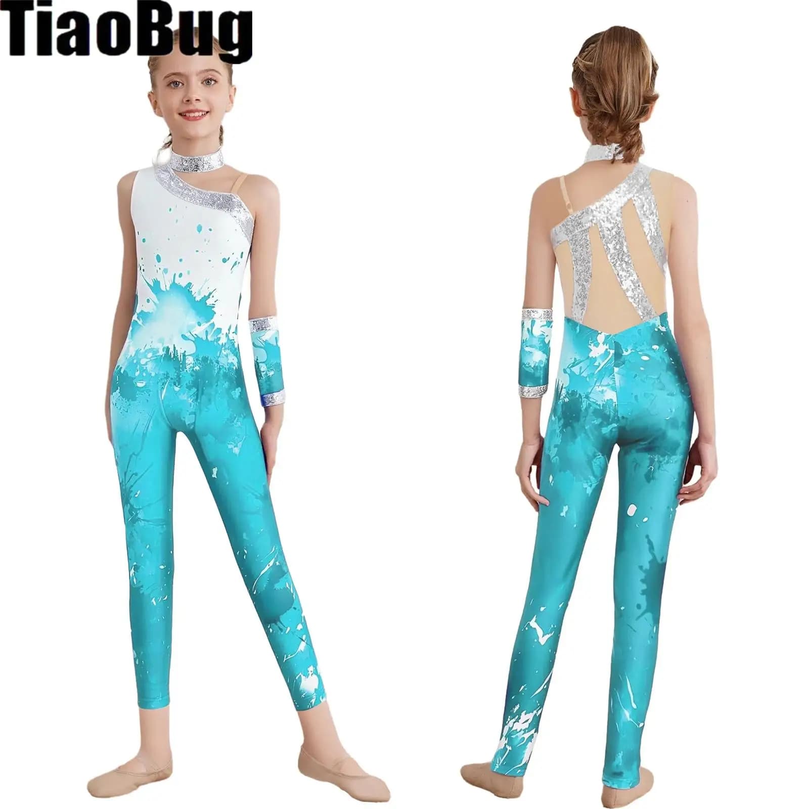 Tuta da ginnastica per ragazze senza maniche Tuta da ballo con paillettes lucide Body a figura intera e guanto Costume da performance di pattinaggio di figura