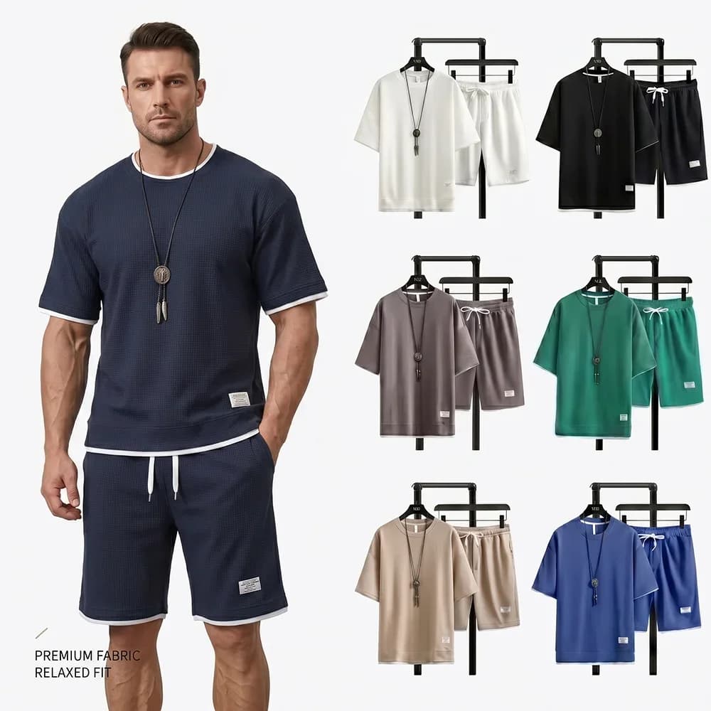 Summer Men's Waffle Knit Tracksuit Oversized Short Sleeve T-Shirt and Shorts Set Casual 2 Piece Suit Streetwear Sportswear