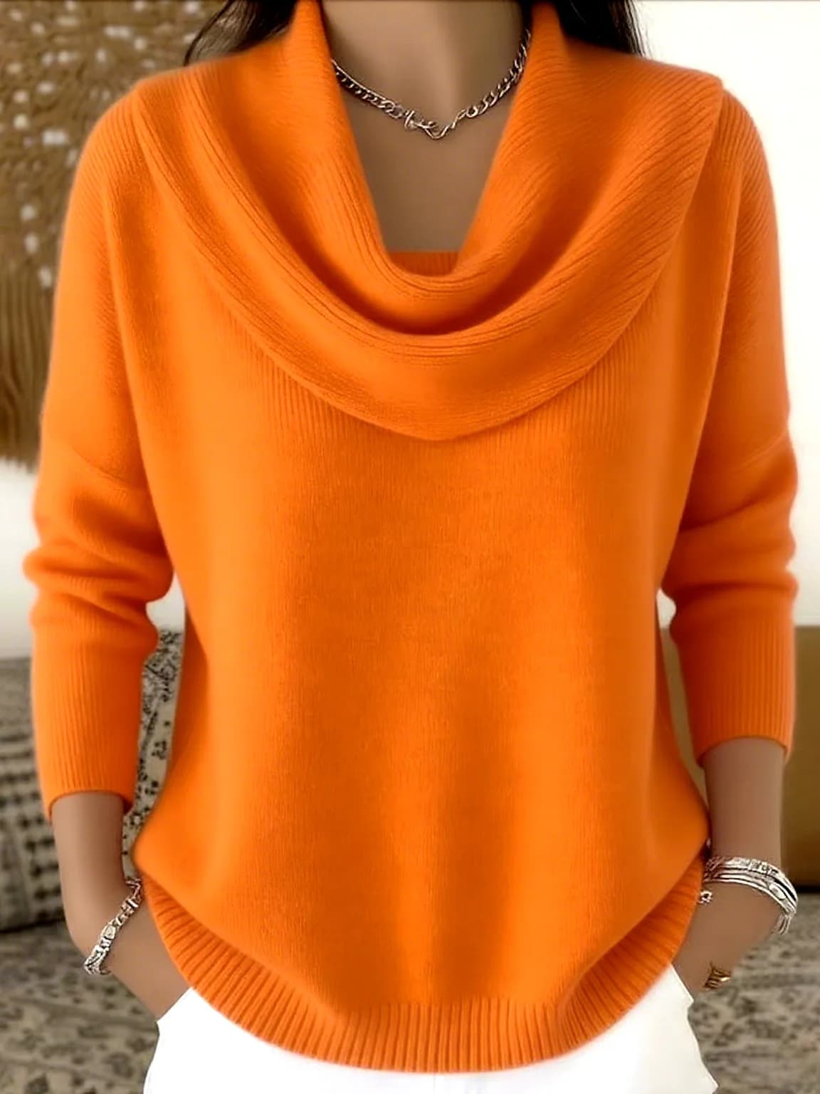 Nuovo Maglione da Donna con Collo Drappeggiato, Top in Maglia Semplice ed Elegante con Collo Tondo, Adatto per Primavera, Autunno e Inverno