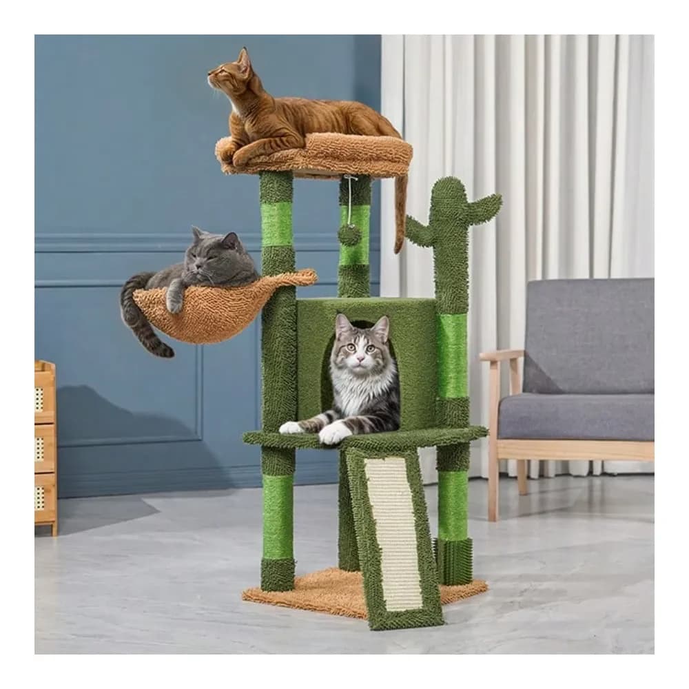 Tower Cactus, Albero per gatti da 42 pollici con rampa in sisal, amaca accogliente, lettino e casetta per gattini, verde