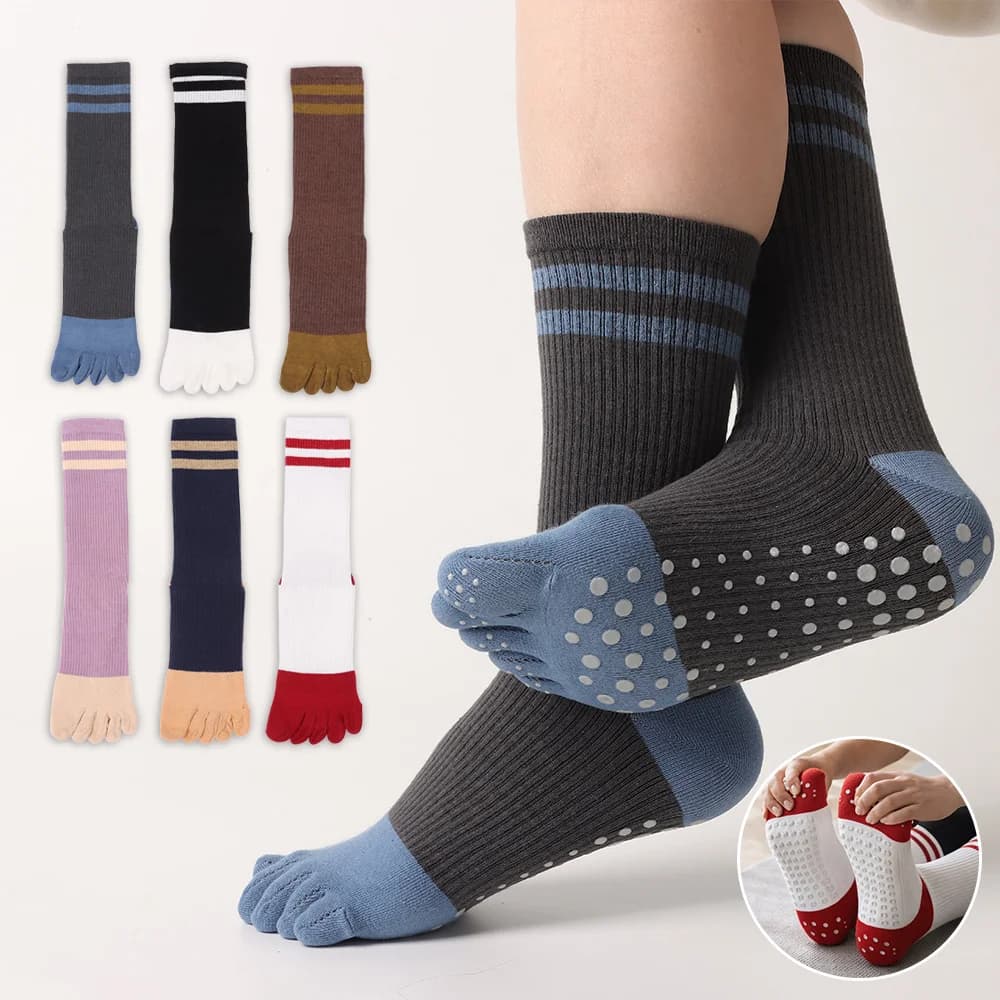 New five-tie yoga socks in cotton, anti-slip silicone grips, pilates socks, women's breathable central tube socks