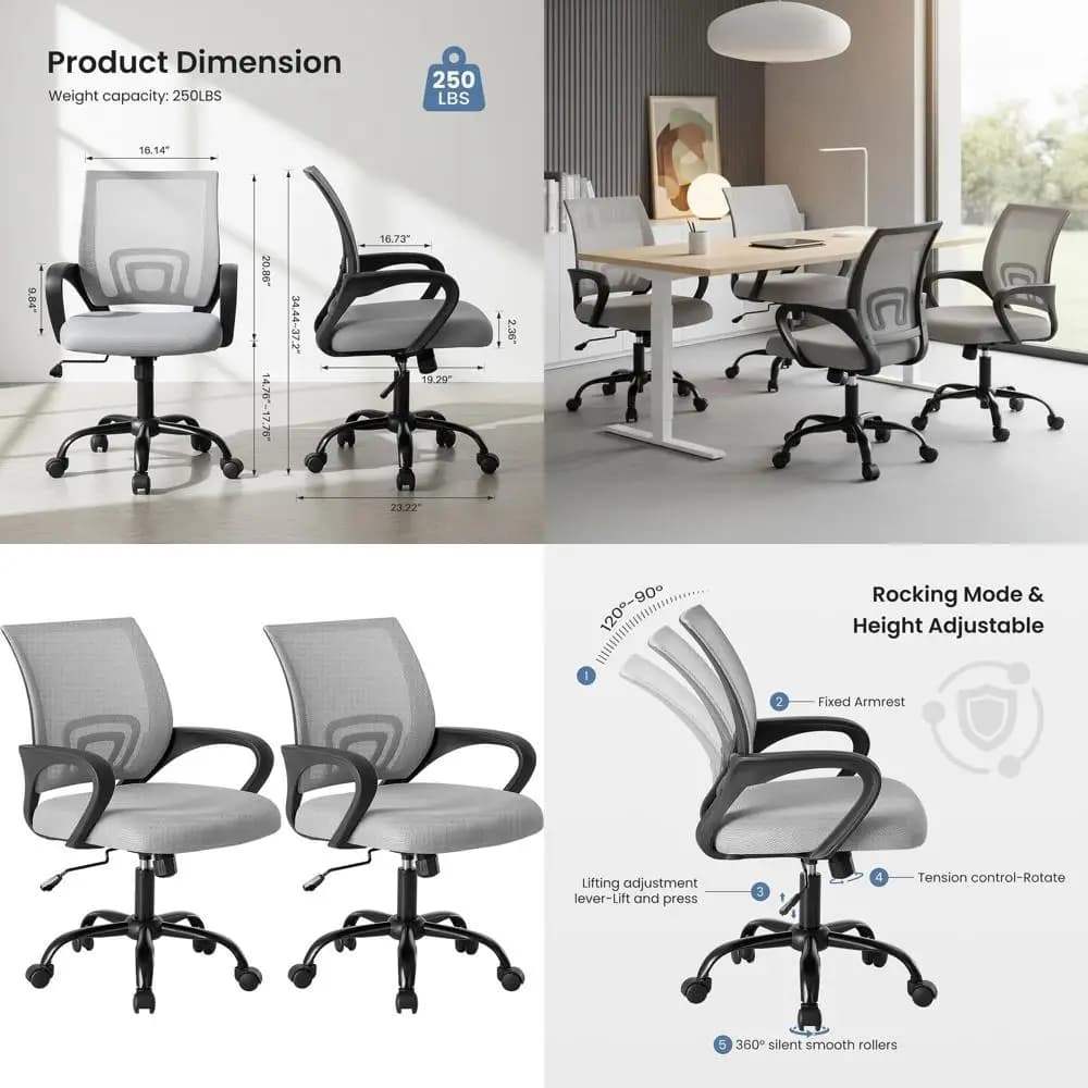 Sedia da scrivania ergonomica con supporto lombare - Altezza regolabile, girevole, reclinabile, braccioli fissi, adatta per casa, ufficio, gaming, riunioni
