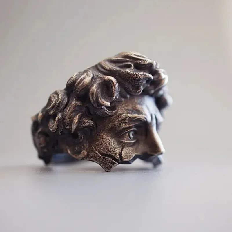 Adjustable ring with David vintage sculpture, mystical masked faces, gothic style ring for men and women, unique gift of jewelry inspired by art