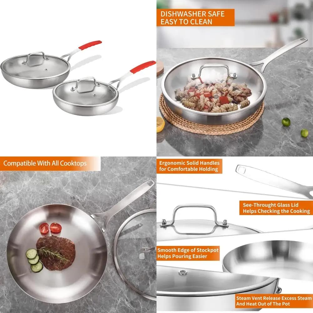 Set of three-layer stainless steel pans with lid, 8 and 10 inch induction pans, kitchen pots set for pans, pots, a