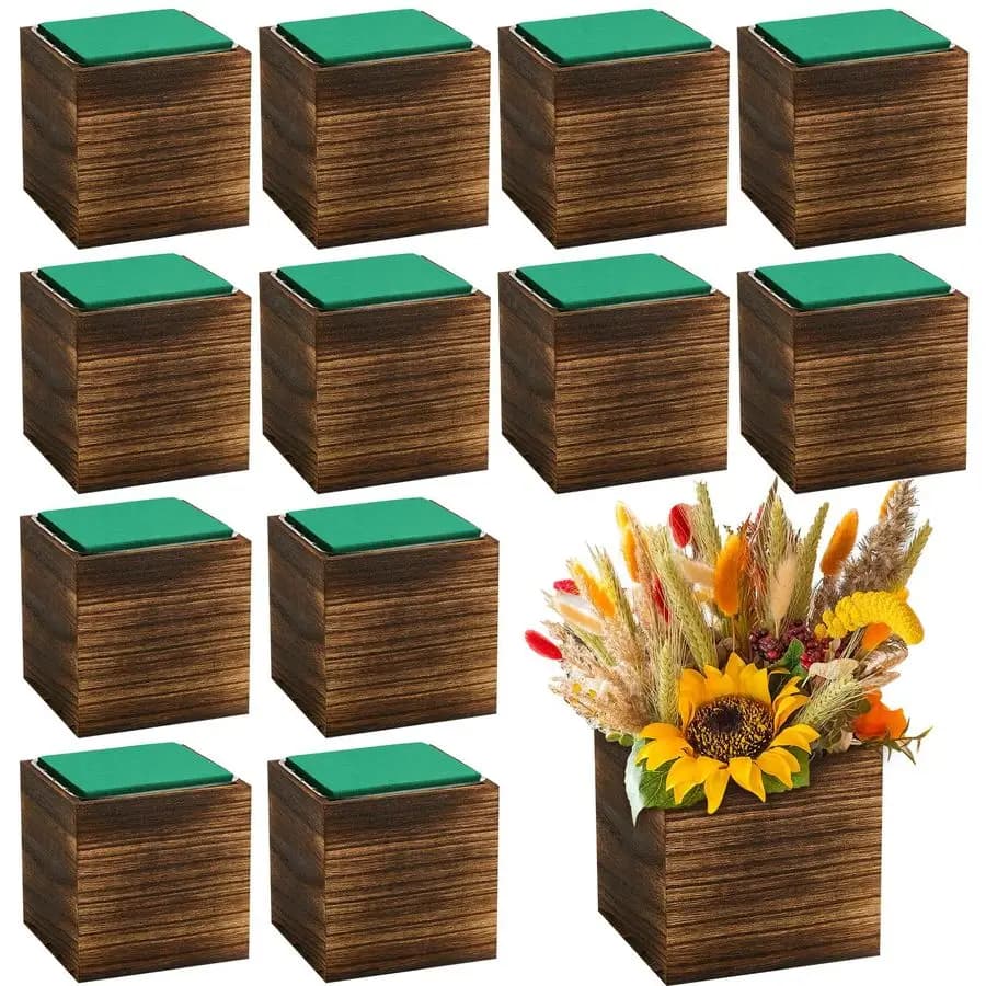 Set di 12 Fioriere Cubiche in Legno, Vasi Quadrati Rustici con Rivestimento in Plastica Rimovibile e Blocchi di Schiuma Floreale per Centrotavola