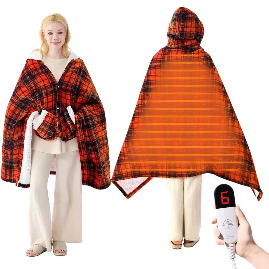 Coperta Scialle riscaldato indossabile con tasche per cappuccio, 6 impostazioni di calore, 4 ore AutoOff, amplificatore in flanella Sherpa reversibile, accogliente riscaldamento scozzese
