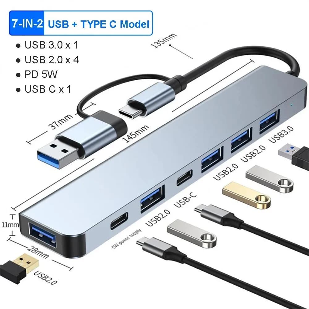 USB Hub C Hub USB 3.0, USB 7 extension in 1 aluminum, USB splitter with 1 X USB 3.0, 4 USB 2.0 ports and 2 X USB C